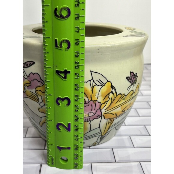 Asian Y2K Pot Planter 6 X 4.75in Floral Butterflies Tulips Beige Pink Fairycore - Picture 9 of 12